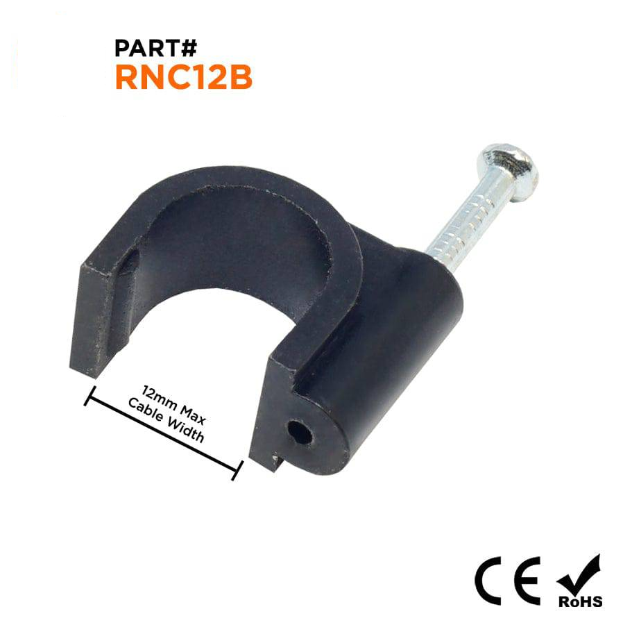 Nail In Cable Clips, Ethernet Cable Nails Tacks, Round, 12mm, 0.47", Black, 100 Pieces - RNC12B