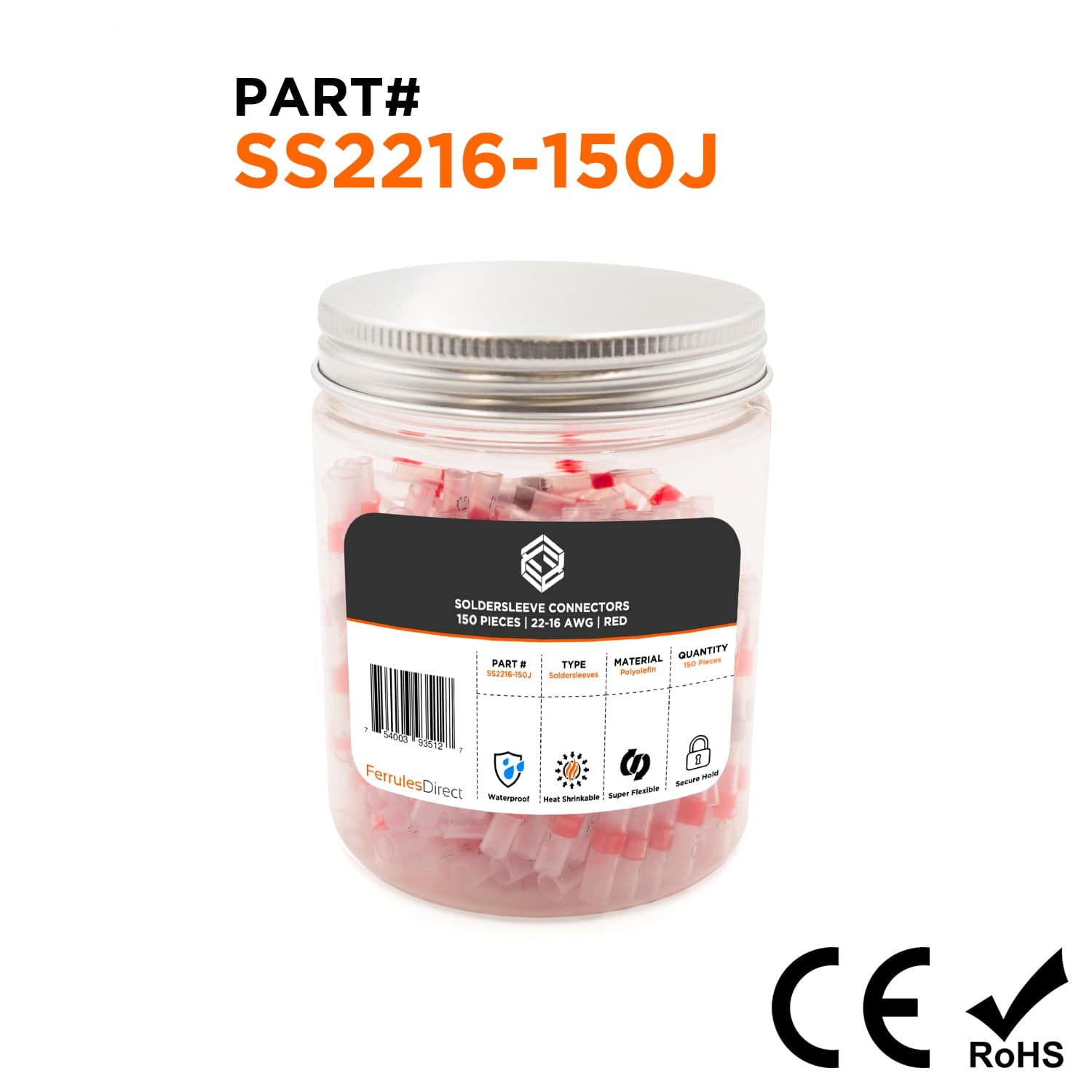 SS2216-150J - 22 a 18 AWG Termorretráctiles Solder Sleeves, Rojo, 150 piezas