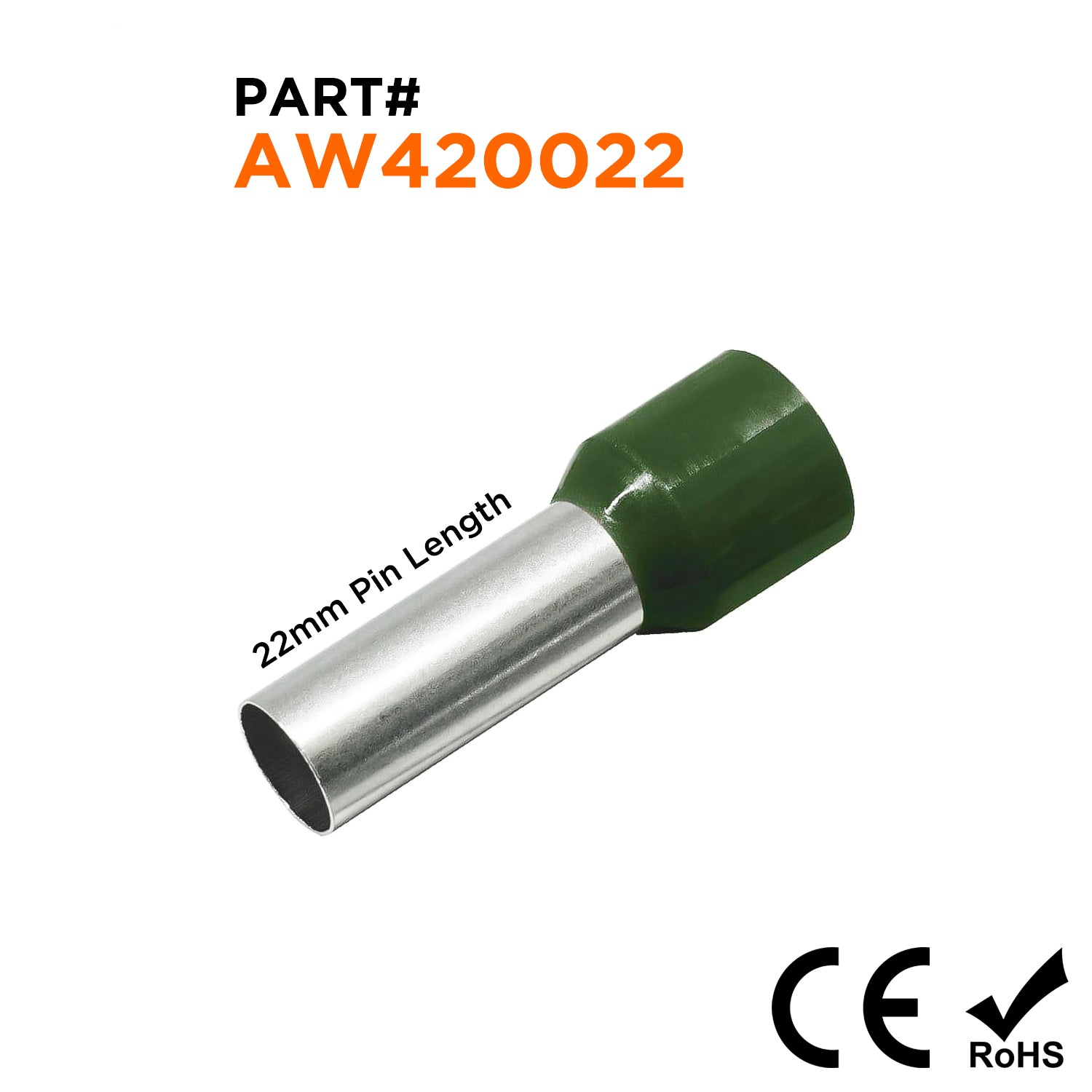 AW420022 - 1 AWG (Small Diameter) Insulated Punteras, 22mm Pin, Olive Verde, 50 piezas