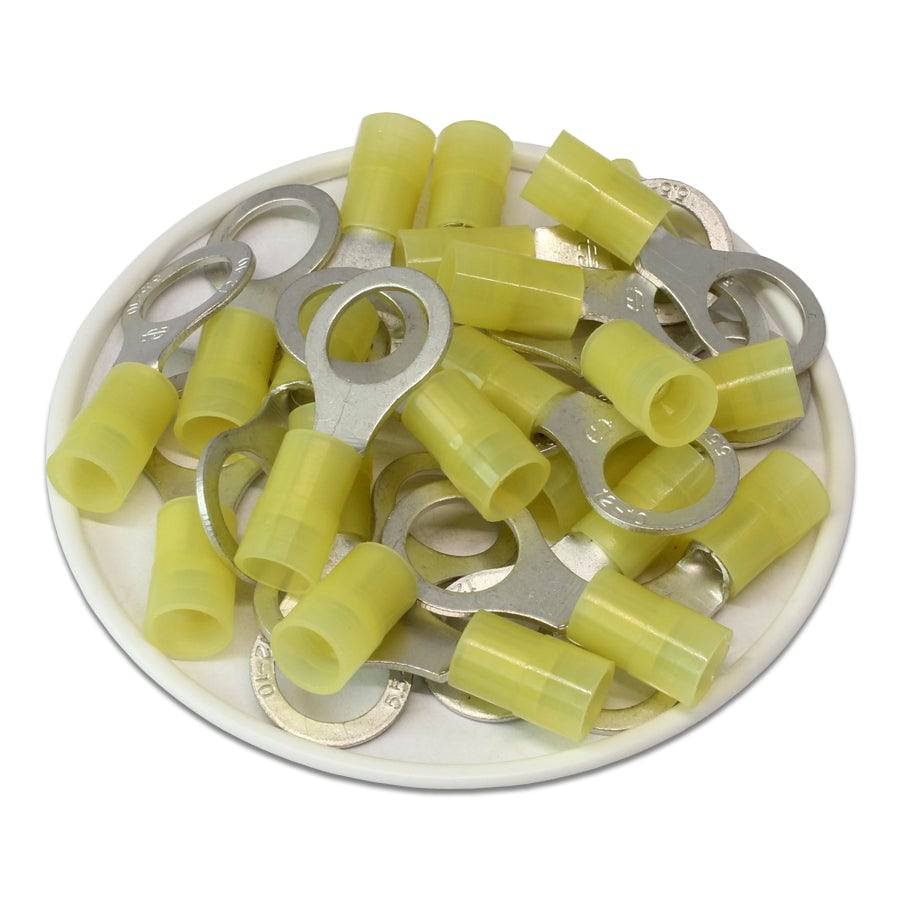 12-10 AWG Nylon Insulated Ring Terminals, #3/8" Stud, Butted Seam, 50 Pieces - RNY5-10