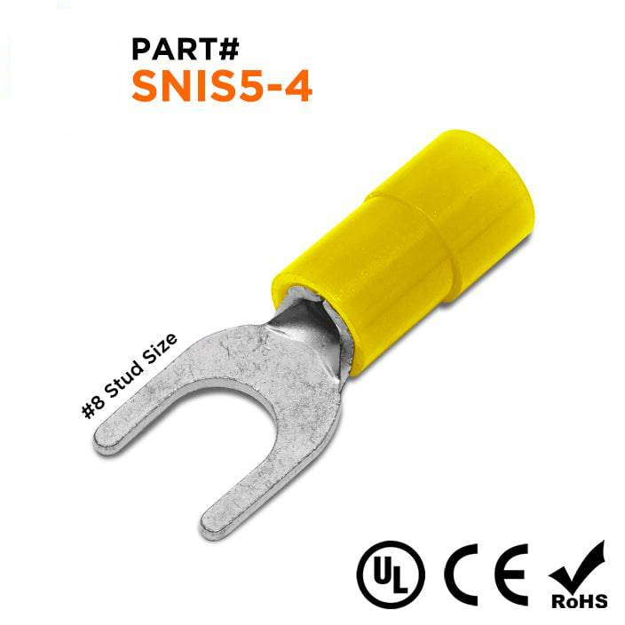 SNIS5-4 - 12 to 10 AWG Polycarbonate Spade Terminals, #8 Stud, 100 Pieces
