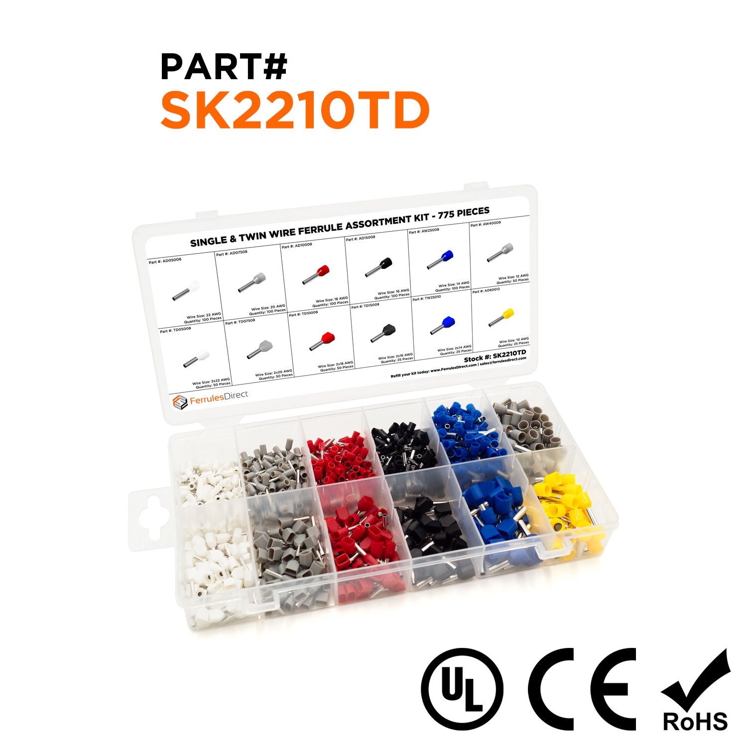 SK2210TD - 22 to 10 AWG Single & Twin Wire Ferrules Assortment Kit, 775 Pieces, Series D, 1 Kit