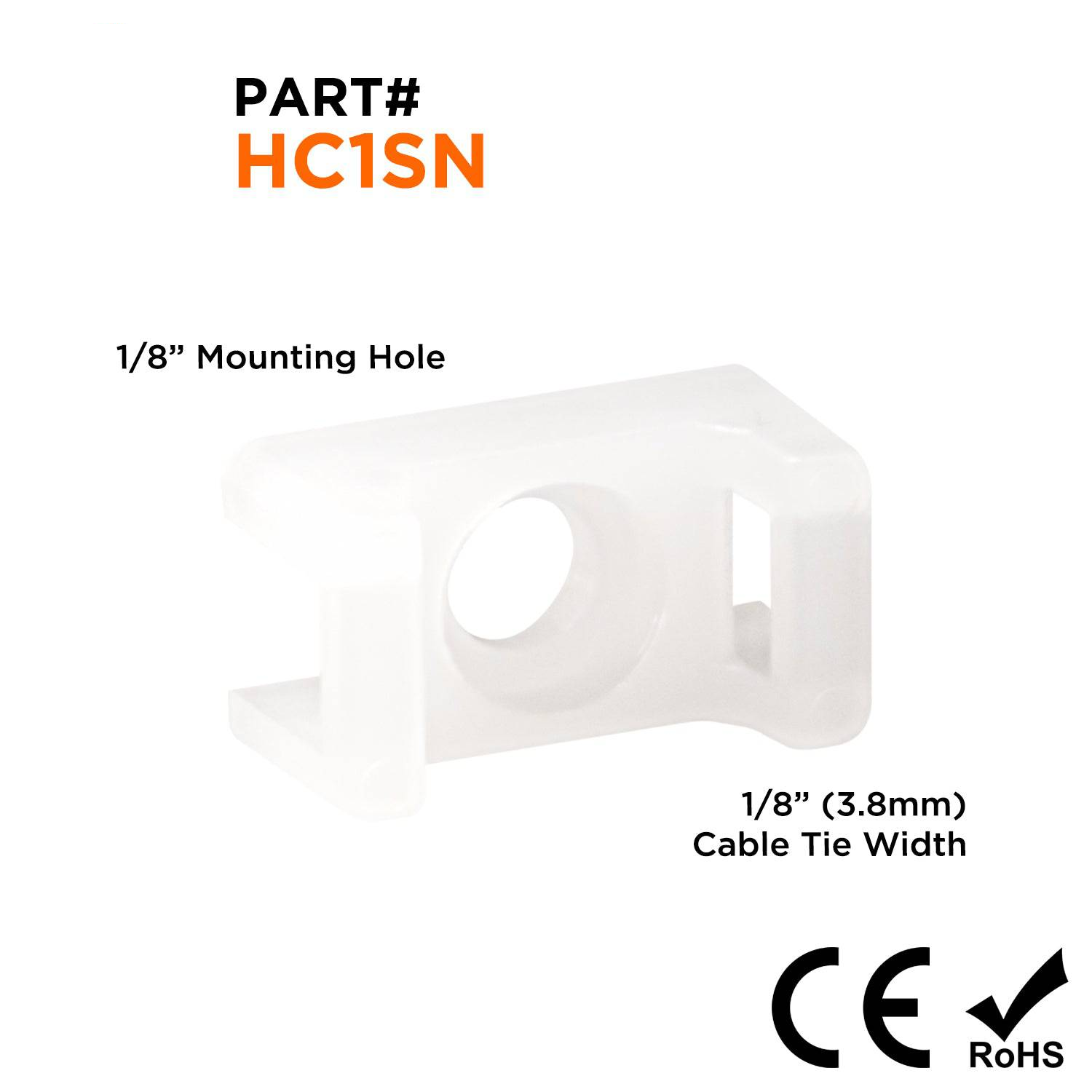 HC1SN - 1/2"L x 1/4"W Nylon Saddle Tie Mounts: Tie Width: 1/8", Screw Width: 1/8", Natural, 100 Pieces