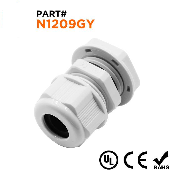 N1209GY - 1/2" NPT Rosca De nailon Prensaestopas, Gris, Rango: 3/16" a 3/8", UL Listed, IP68, IP69K - 1 pieza