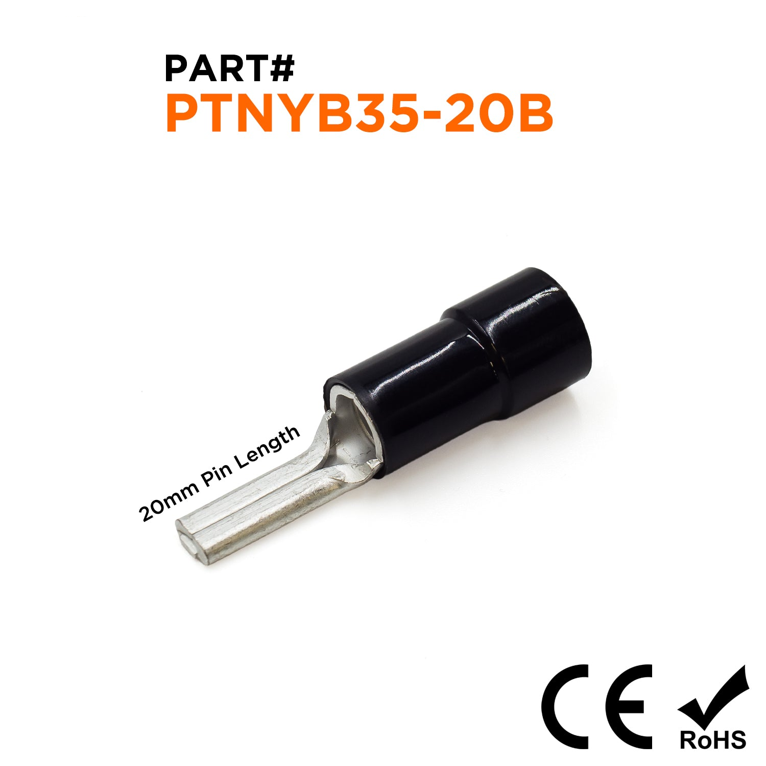 PTNYB35-20B - 2 AWG Con aislamiento de nailon Terminales de pin, 20mm Pin, 10 piezas