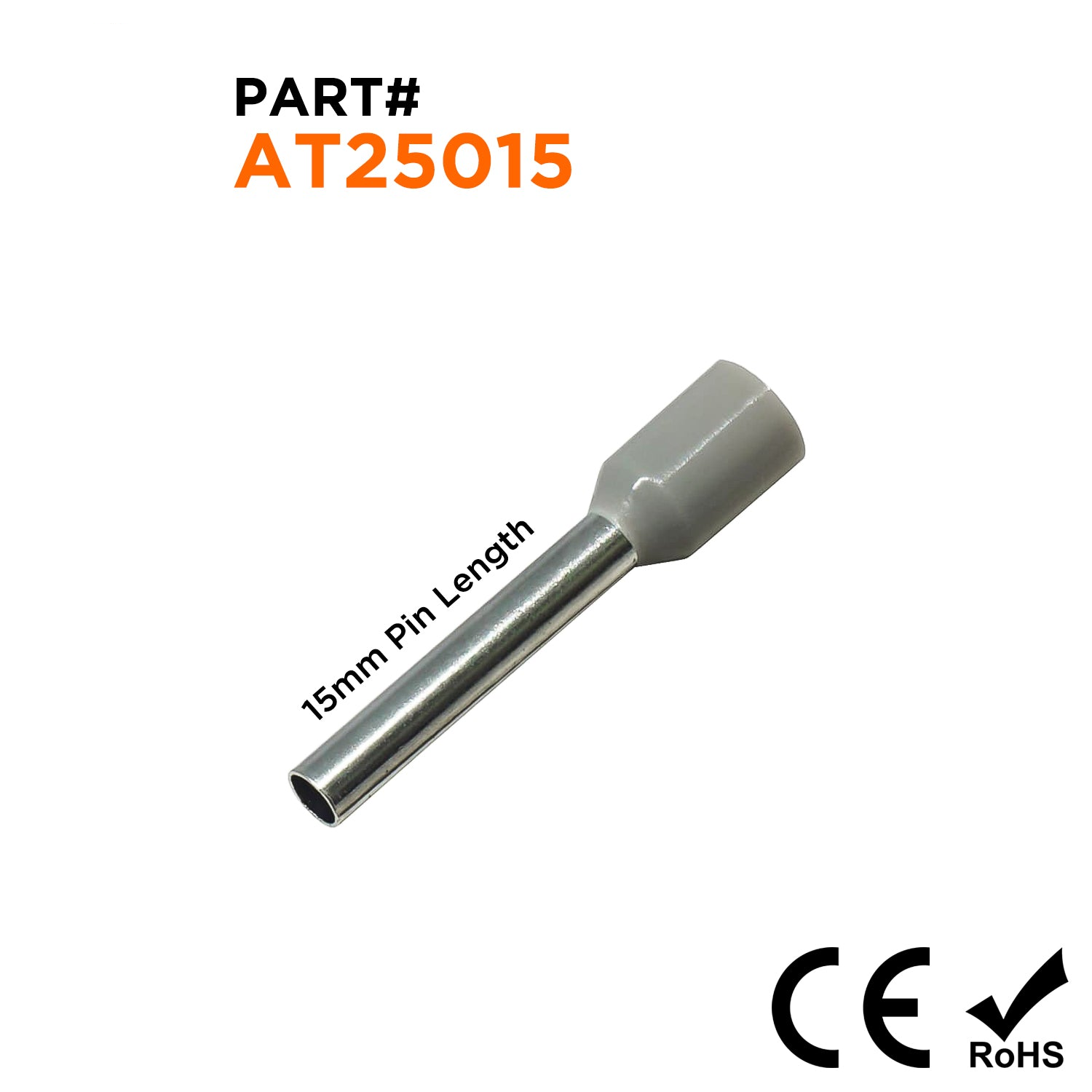 AT25015 - 14 AWG Insulated Wire Ferrules, 15mm Pin, Gray, 500 Pieces