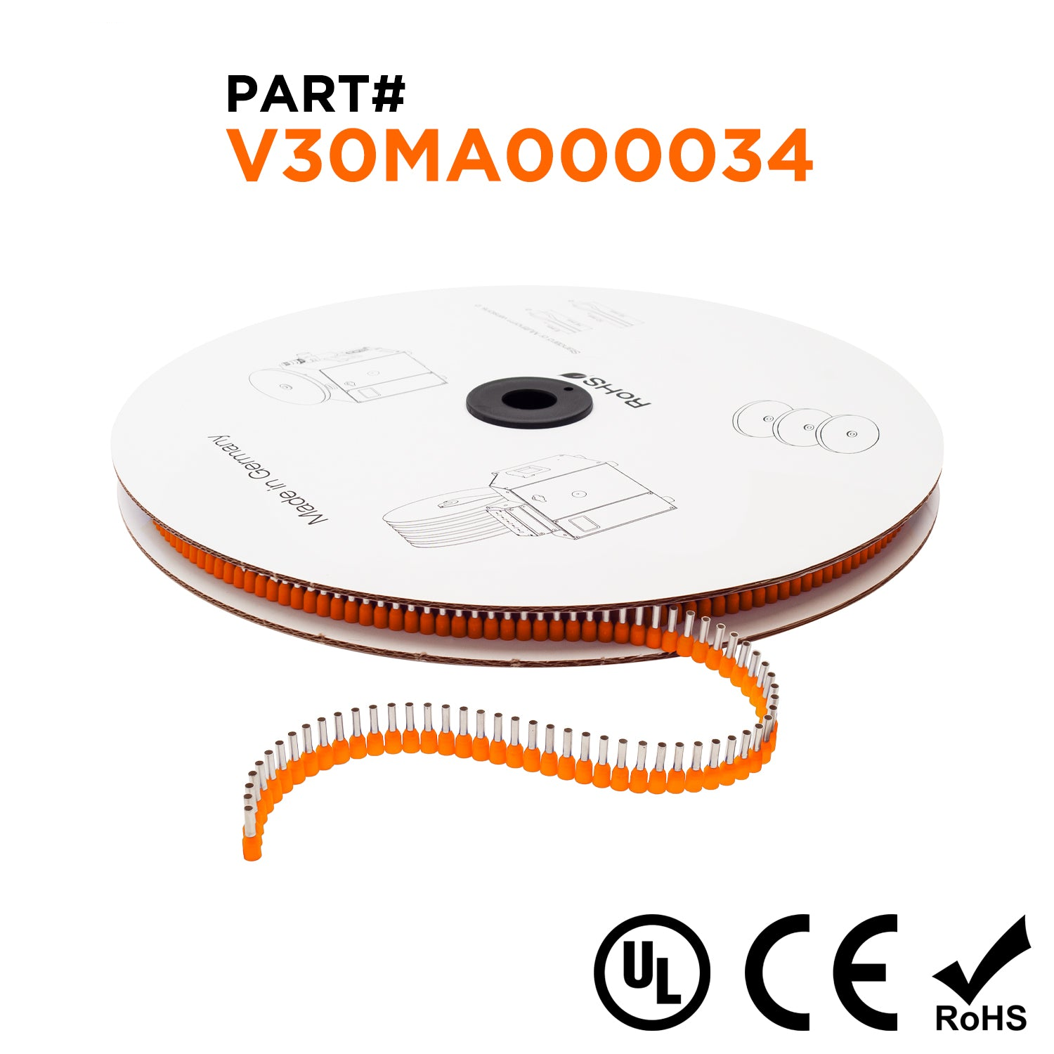 Z+F V30MA000034 - 22 & 20 AWG Insulated Punteras, 8mm Pin, Naranja, 5000 piezas Reel/Spool
