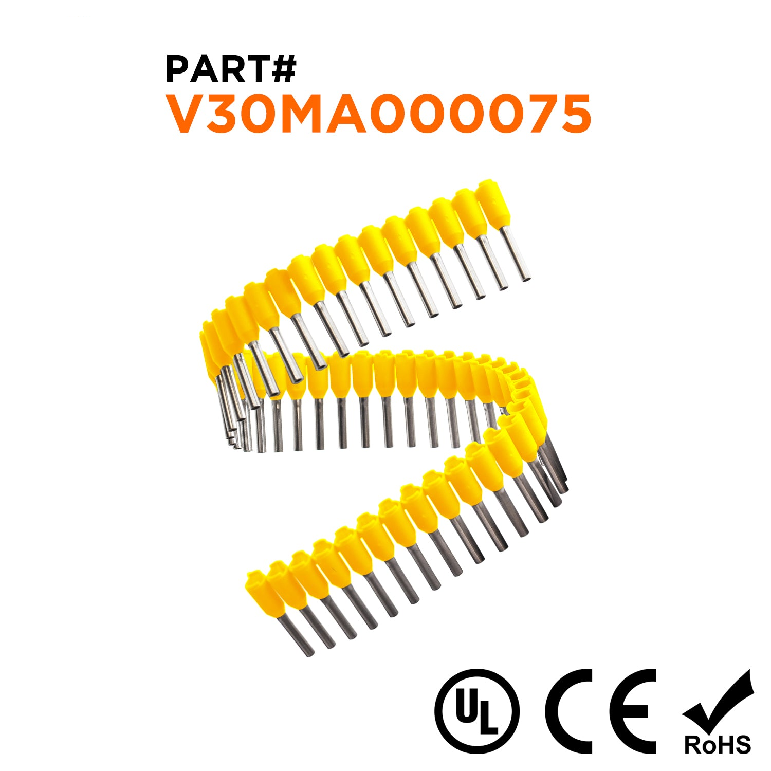Z+F V30MA000075 - 18 AWG Insulated Punteras Strips, 8mm Pin, Amarillo, 500 piezas