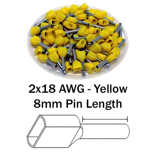TW10008 - 18 AWG Twin Punteras, 8mm Pin, Amarillo, 500 piezas