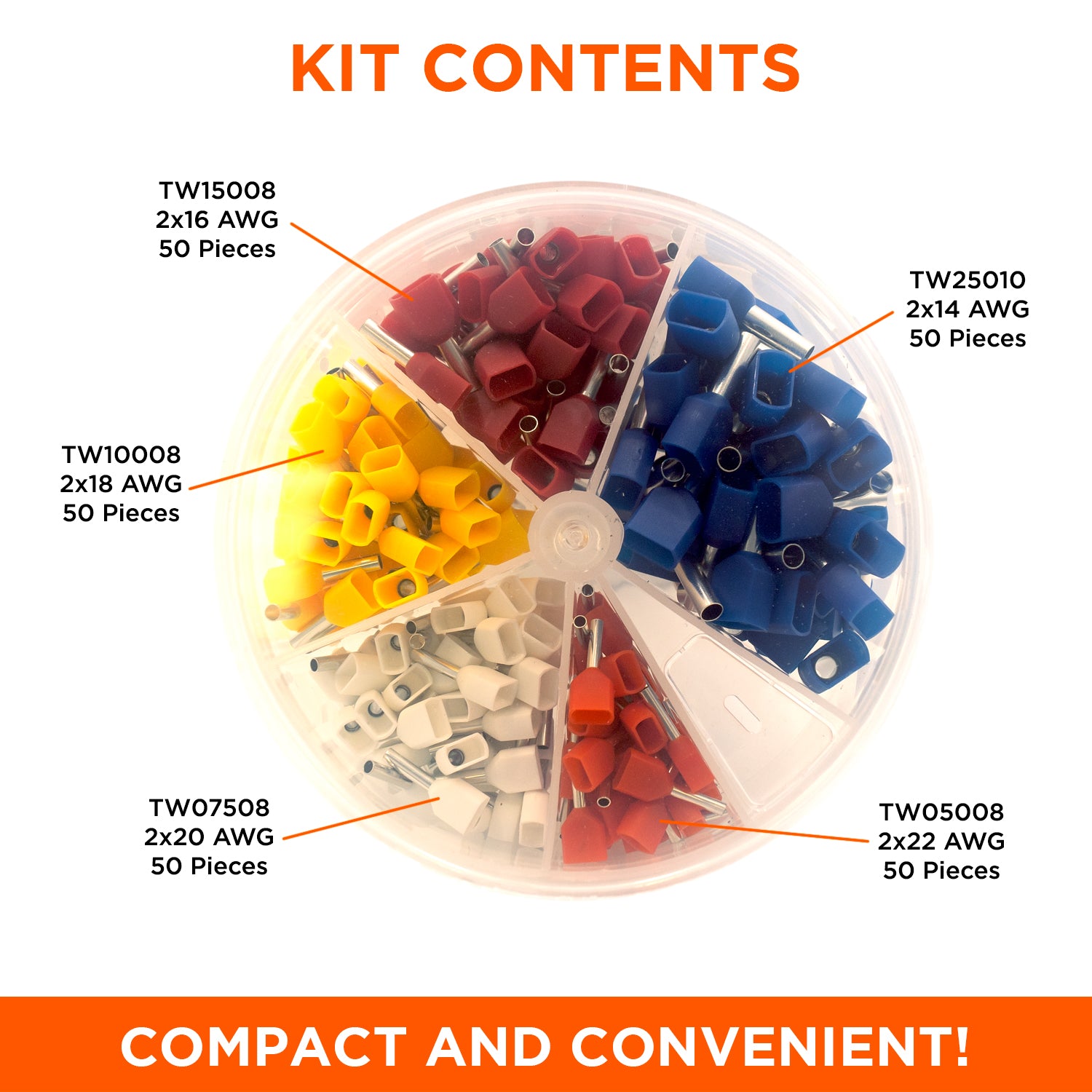 SK2214TW - 22 a 14 AWG Insulated Twin Punteras Mini Kit, 250 piezas, Series W, 1 Kit