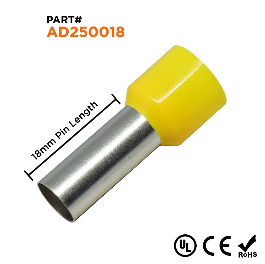 AD250018 - 4 AWG Insulated Punteras, 18mm Pin, Amarillo, UL Recognized, 100 piezas