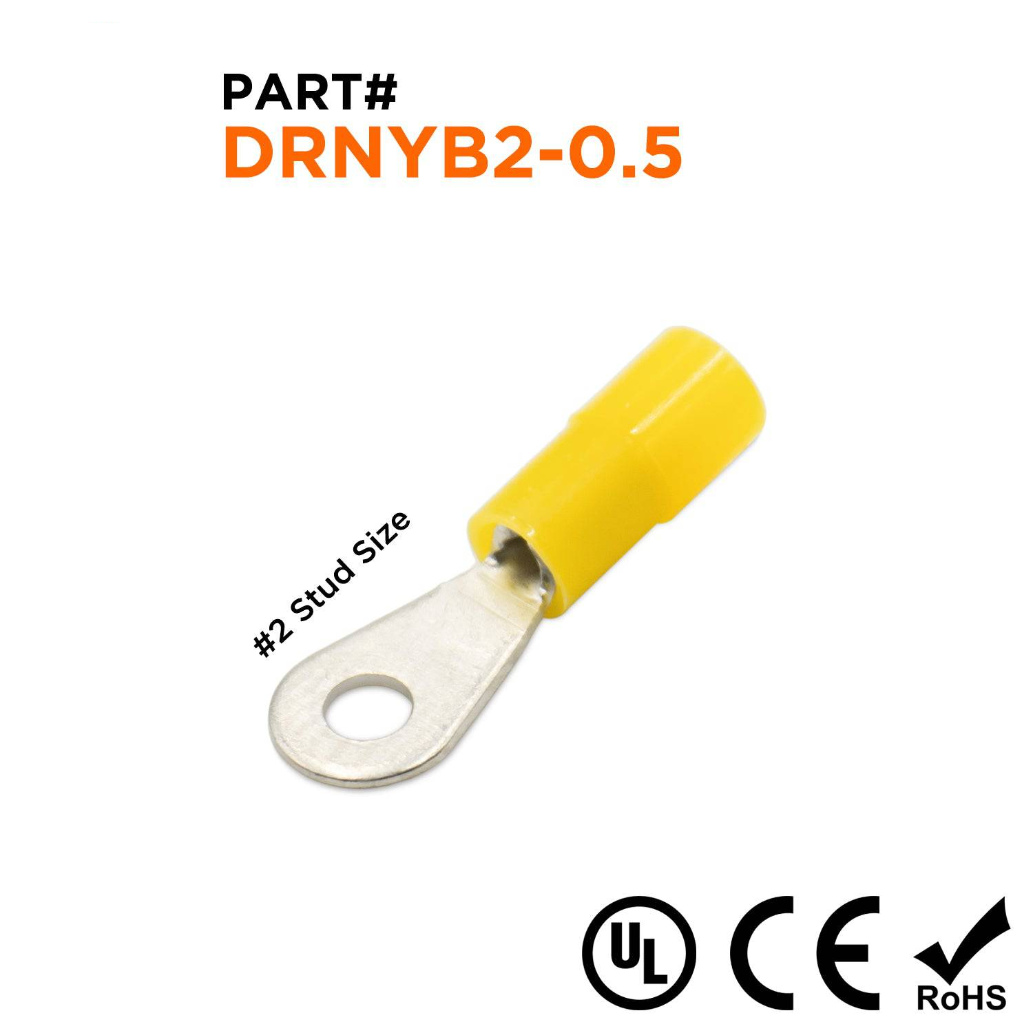 DRNYB2-0.5 - 26 to 22 AWG Nylon Insulated Ring Terminals, #2 Stud, Brazed Seam, DIN 46237, UL Recognized, 100 Pieces