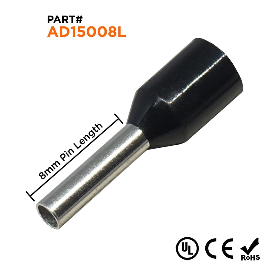 AD15008L - 16 AWG Insulated Punteras, 8mm Pin, Negro, Ancho Collar, UL Recognized, 500 piezas