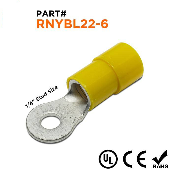 RNYBL22-6 - 4 AWG Nylon Insulated Ring Terminals, 1/4" Stud, 10 Pieces