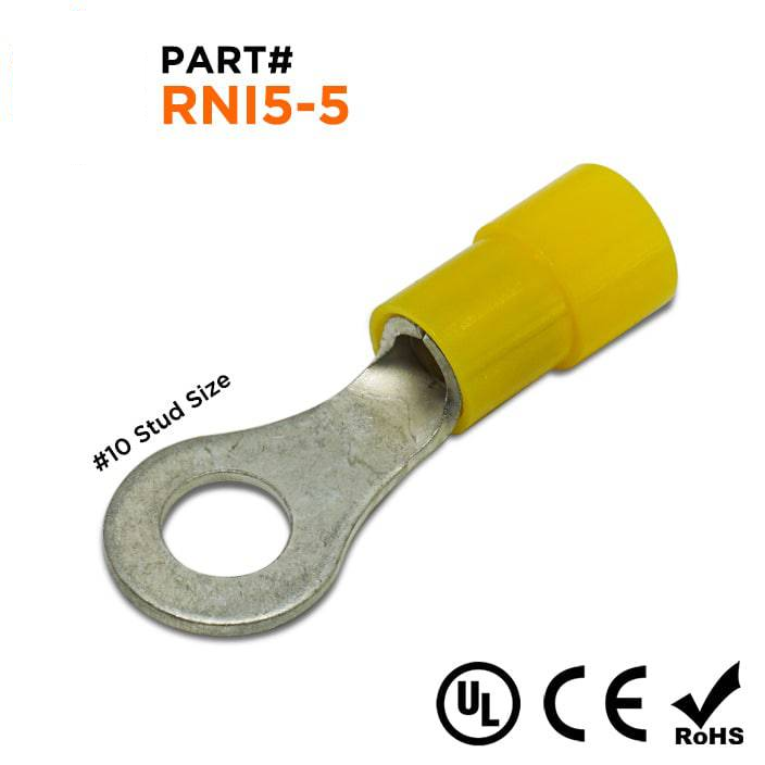 RNI5-5 - 12 a 10 AWG Polycarbonate Terminales de anillo, #10 Orificio, 100 piezas