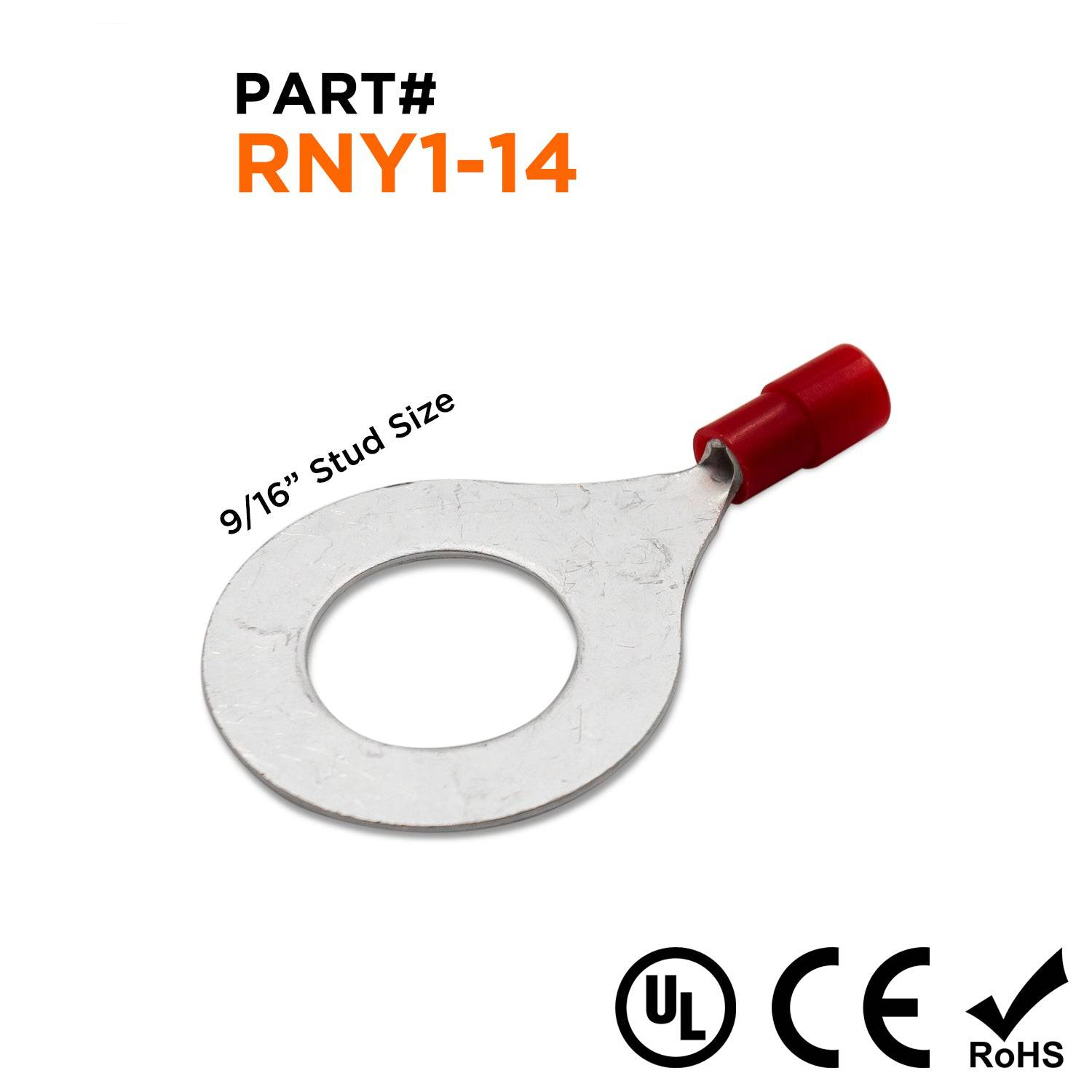 RNY1-14 - 22 a 16 AWG Con aislamiento de nailon Terminales de anillo, 9/16" Orificio, Butted Seam, 50 piezas