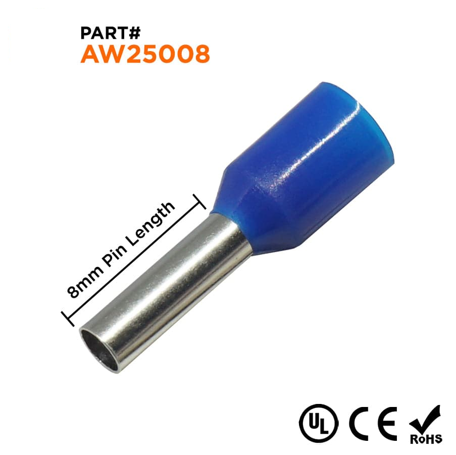 AW25008 - 14 AWG Insulated Punteras, 8mm Pin, Azul, UL Recognized, 500 piezas