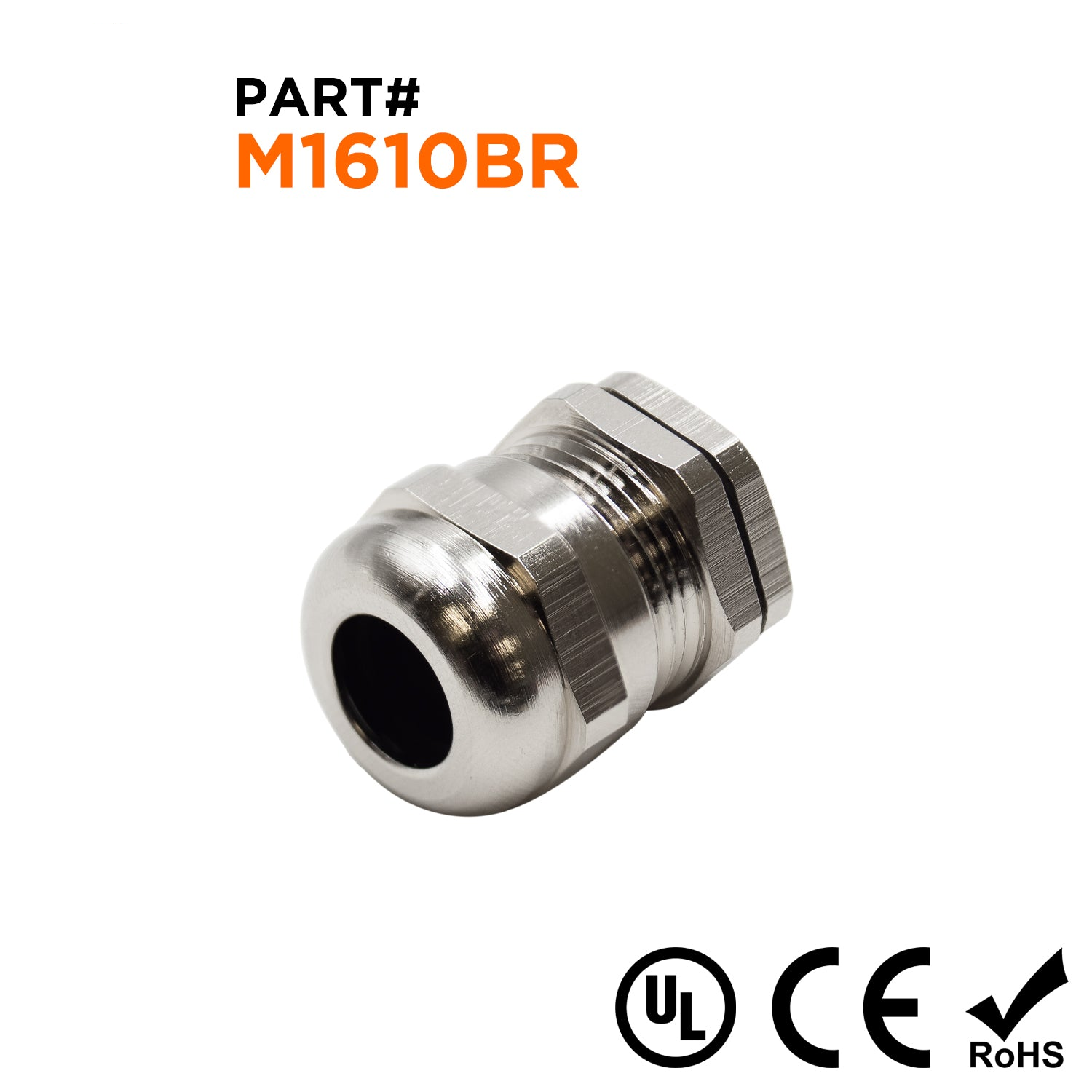 M1610BR - M16 x 1.5mm Metric Thread Plated Brass Cable Gland, Range: 3/16" to 3/8", UL Listed, IP68, IP69K - 1 Piece