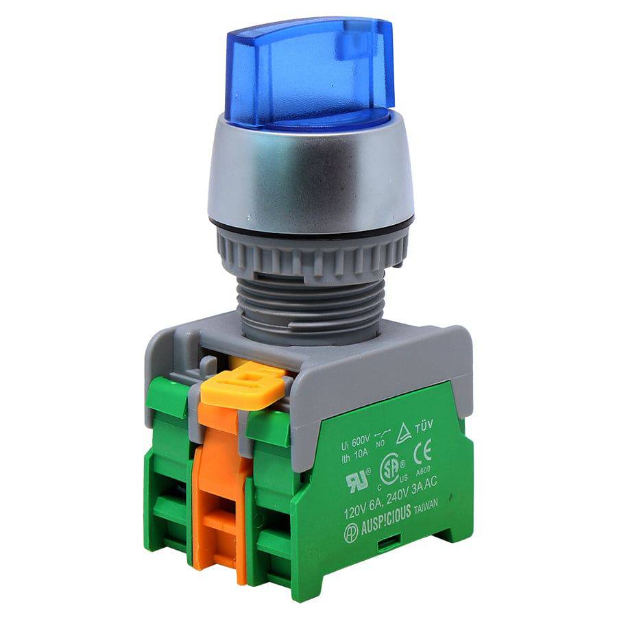 SL223-2/O-BL - 110V Illuminated Twist Knob Switch - 2 Contact (2/O) - 3 Positions (1-0-2) - Blue