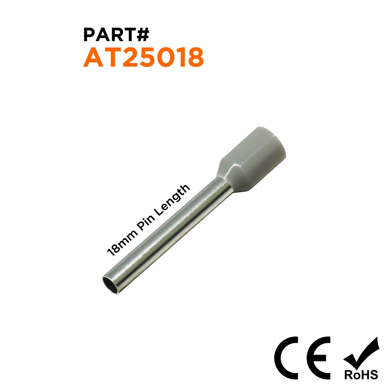 AT25018 - 14 AWG Insulated Wire Ferrules, 18mm Pin, Gray, 500 Pieces