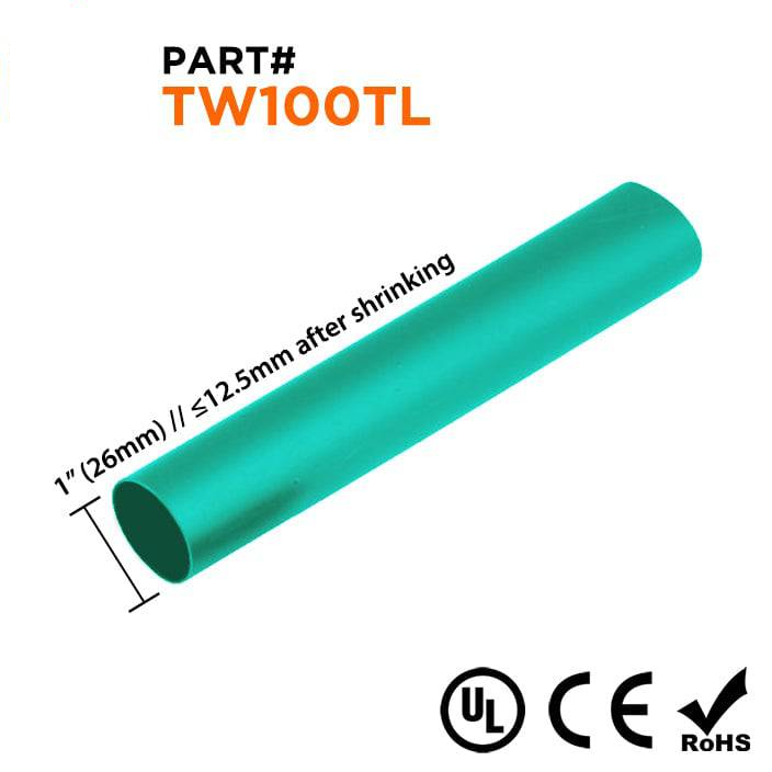 TW100TL - 1" De pared fina Tubo termorretráctil, 2:1 Relación de contracción, Teal, Bobina de 100ft