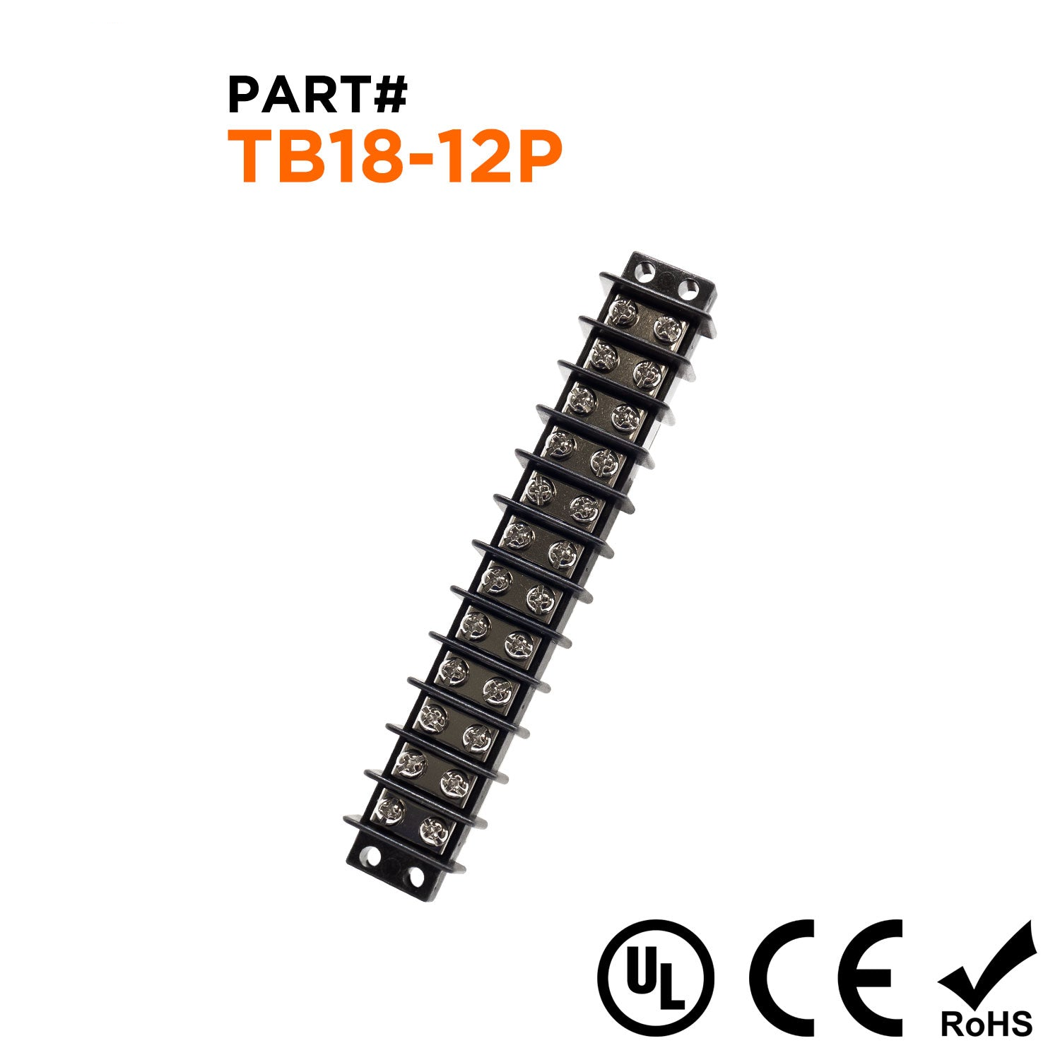 TB18-12P - Barrier Strip Terminal Block, Terminal Strip, 12 Pole, Double Row, 20A, 300V, UL Approved, 1 Piece
