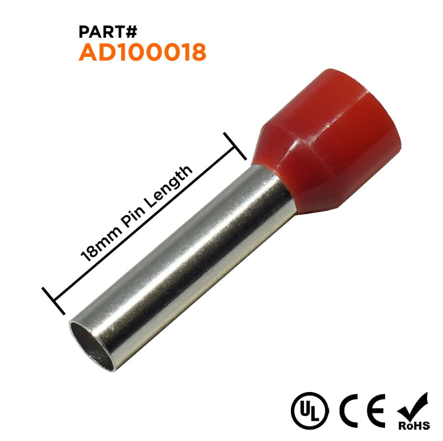 AD100018 - 8 AWG Insulated Wire Ferrules, 18mm Pin, Red, UL Recognized, 100 Pieces