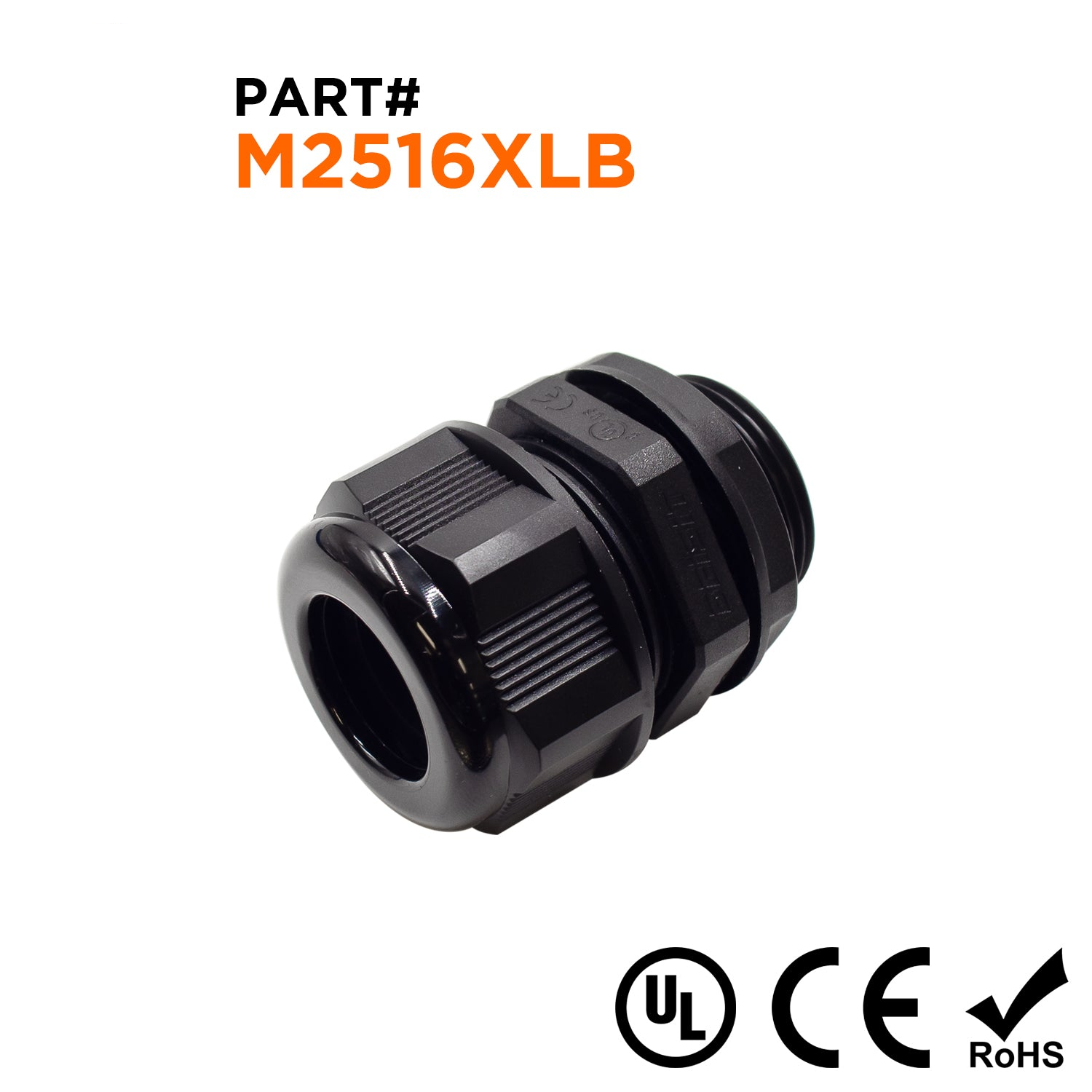M2516XLB - M25 x 1.5mm Metric Thread Nylon Cable Gland, Black, Range: 3/8" to 5/8", XL Length, UL Listed, IP68, IP69K - 1 Piece