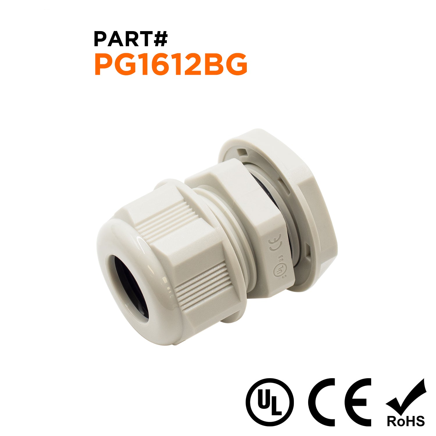P1612BG - PG16 Thread Nylon Cable Gland, Beige, Range: 1/4" to 1/2", UL Listed, IP68, IP69K - 1 Piece