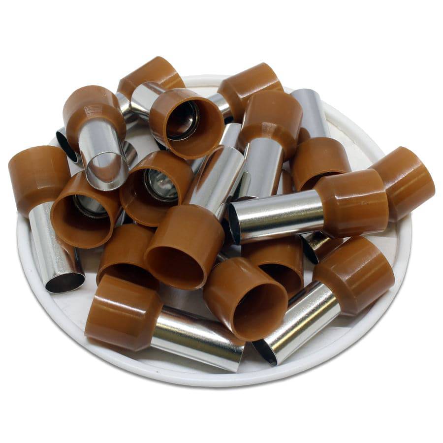 AW250016 - 4 AWG Insulated Wire Ferrules, 16mm Pin, Brown, UL Recognized, 100 Pieces