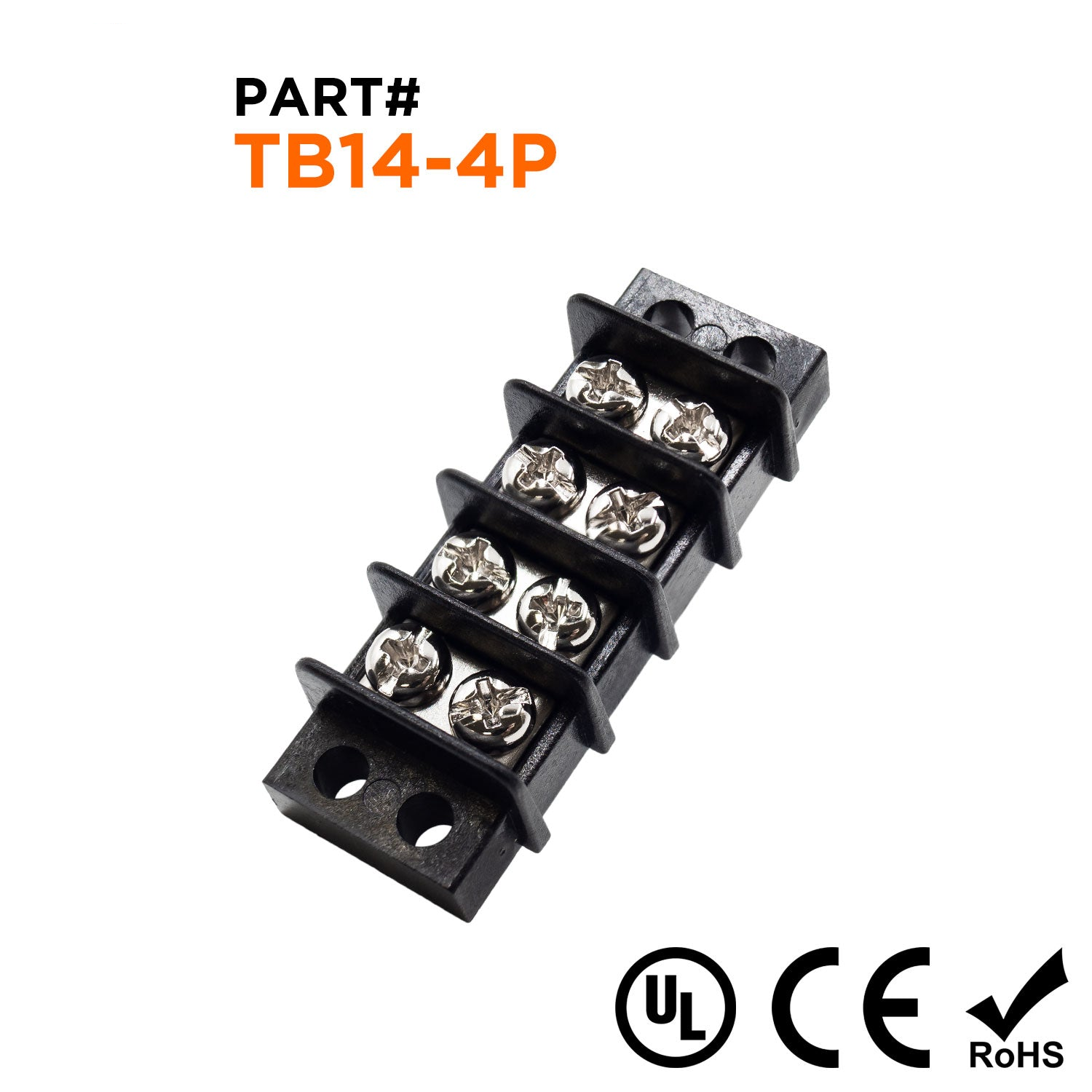 TB14-4P - Barrier Strip Terminal Block, Terminal Strip, 4 Pole, Double Row, 15A, 300V, UL Approved, 1 Piece