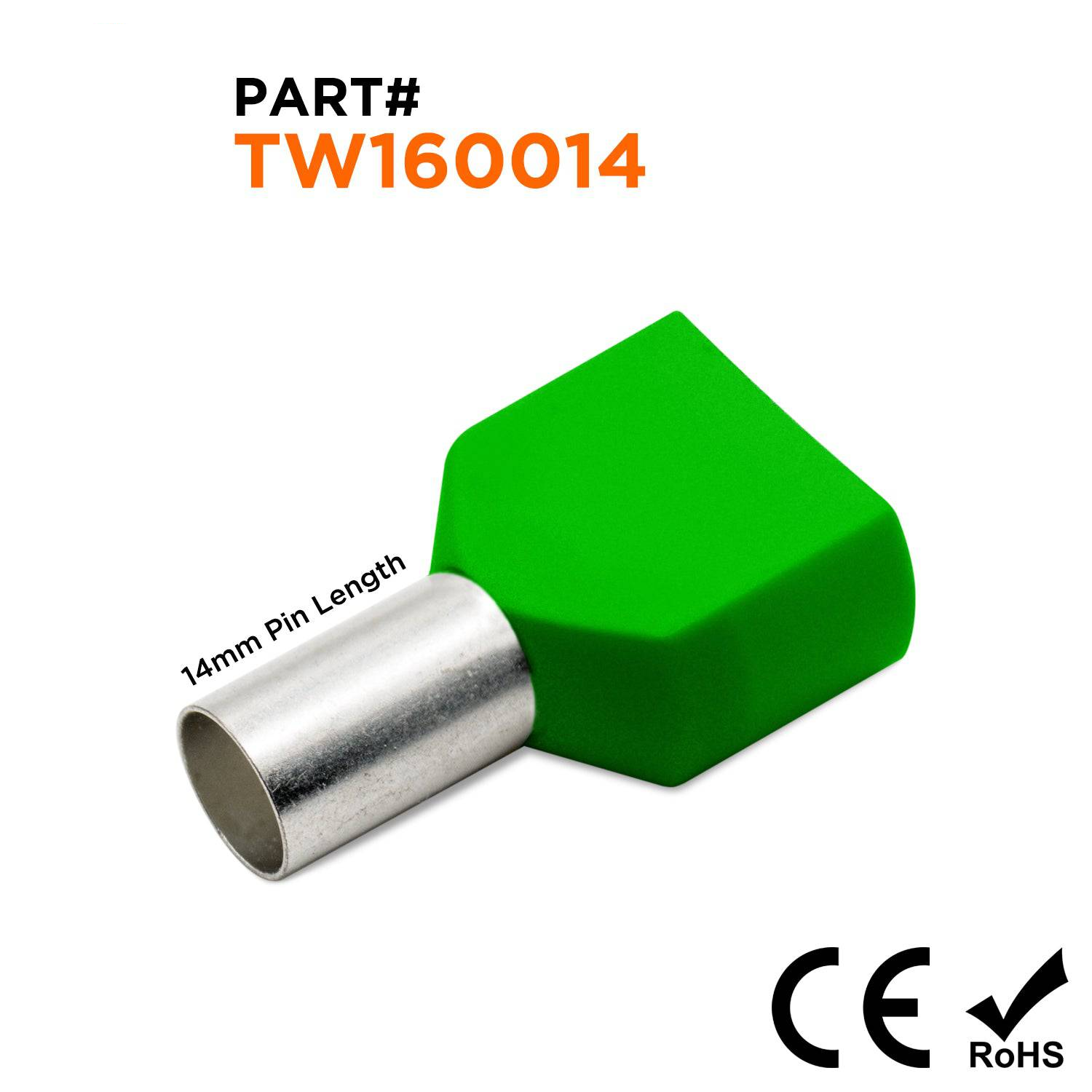 TW160014 - 6 AWG Twin Wire Ferrules, 14mm Pin, Green, 100 Pieces
