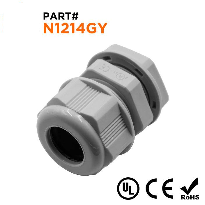 N1214GY - 1/2" NPT Thread Nylon Cable Gland, Gray, Range: 3/8" to 9/16", UL Listed, IP68, IP69K - 1 Piece