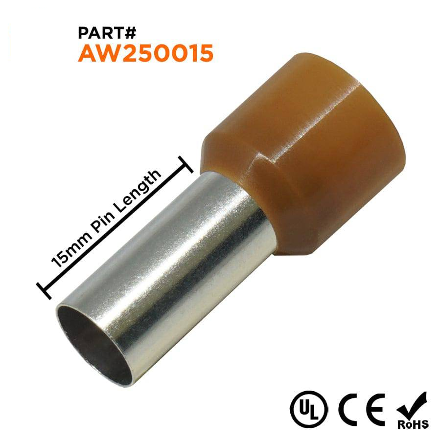 AW250015 - 4 AWG Insulated Punteras, 15mm Pin, Marrón, UL Recognized, 100 piezas