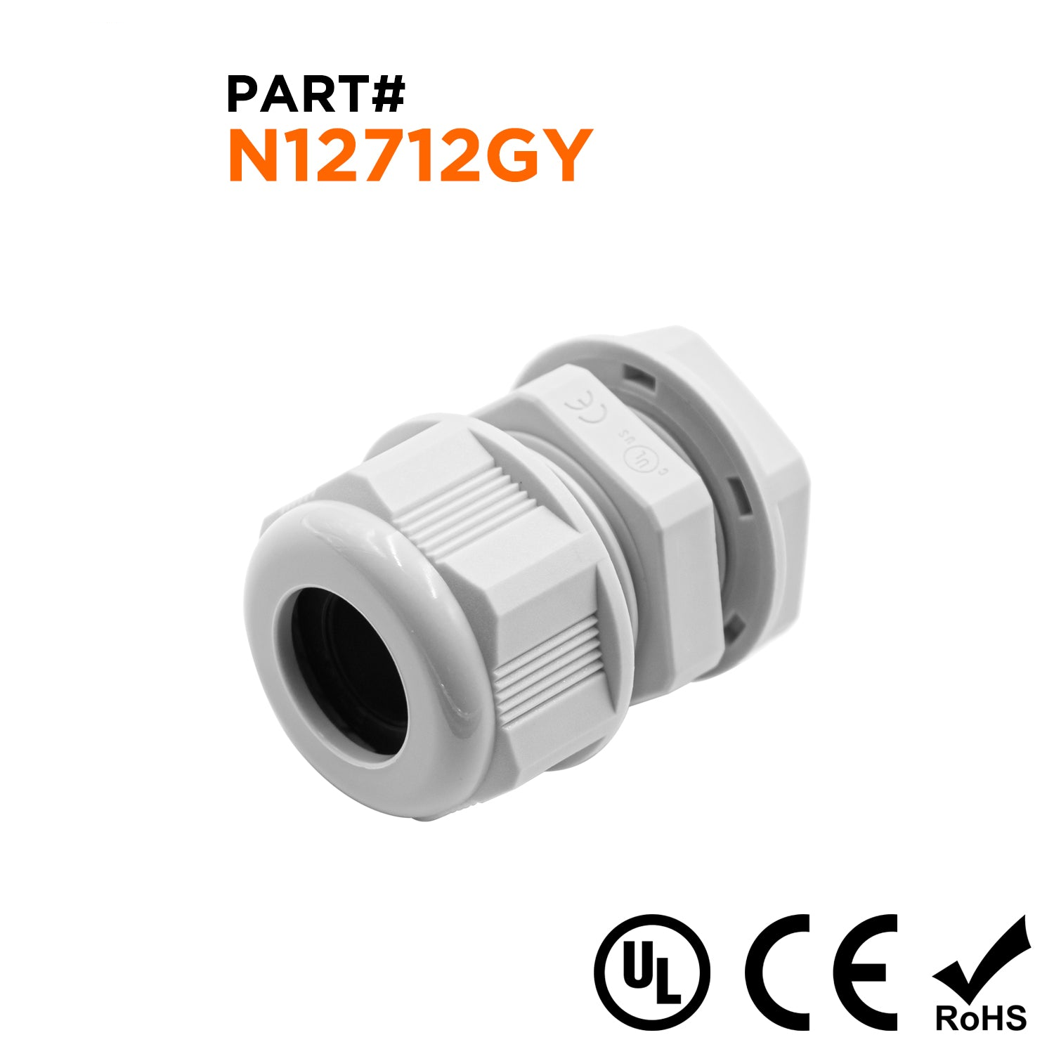 N12712GY - 1/2" NPT Thread Nylon Cable Gland, Gray, Range: 1/4" to 1/2", UL Listed, IP68, IP69K - 1 Piece