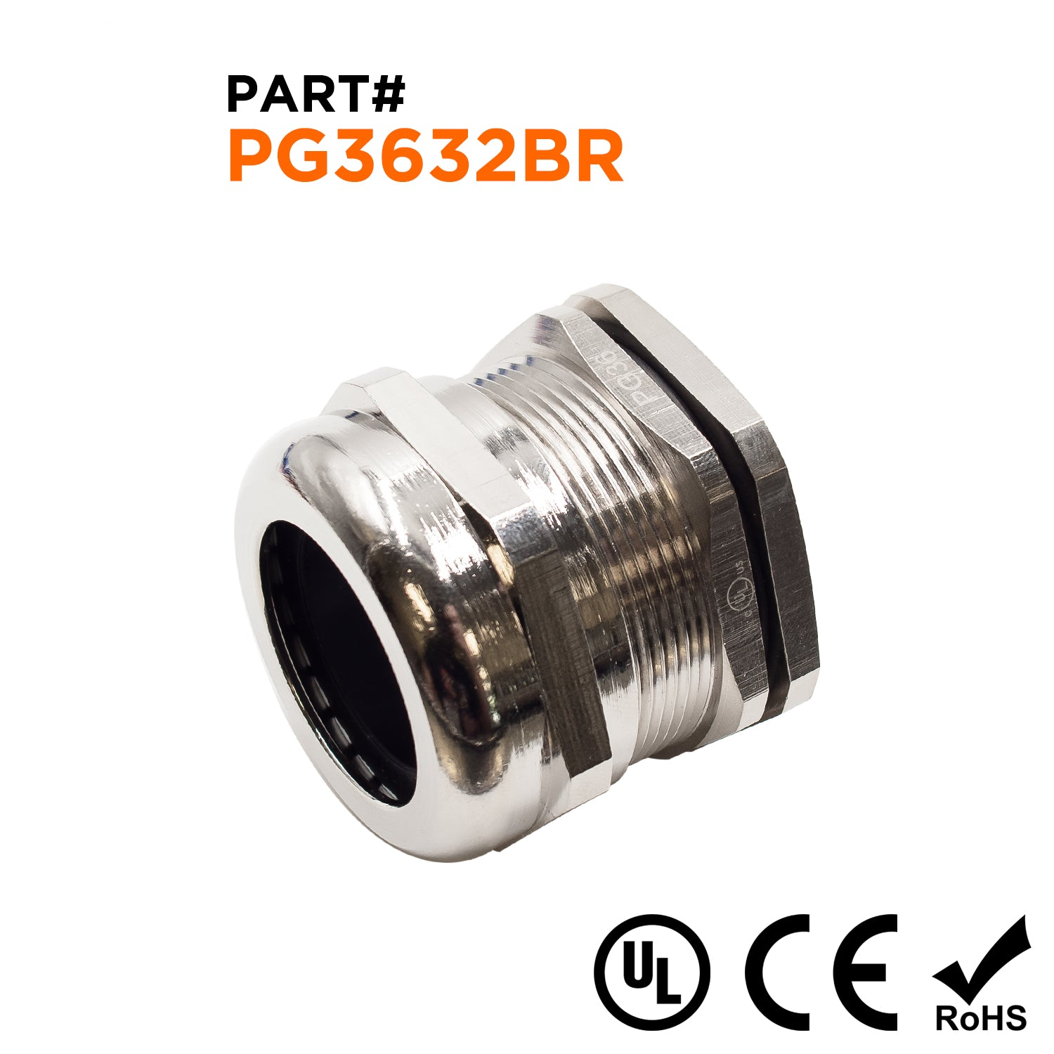 P3632BR - PG36 Thread Plated Brass Cable Gland, Range: 7/8" to 1-1/4", UL Listed, IP68, IP69K - 1 Piece