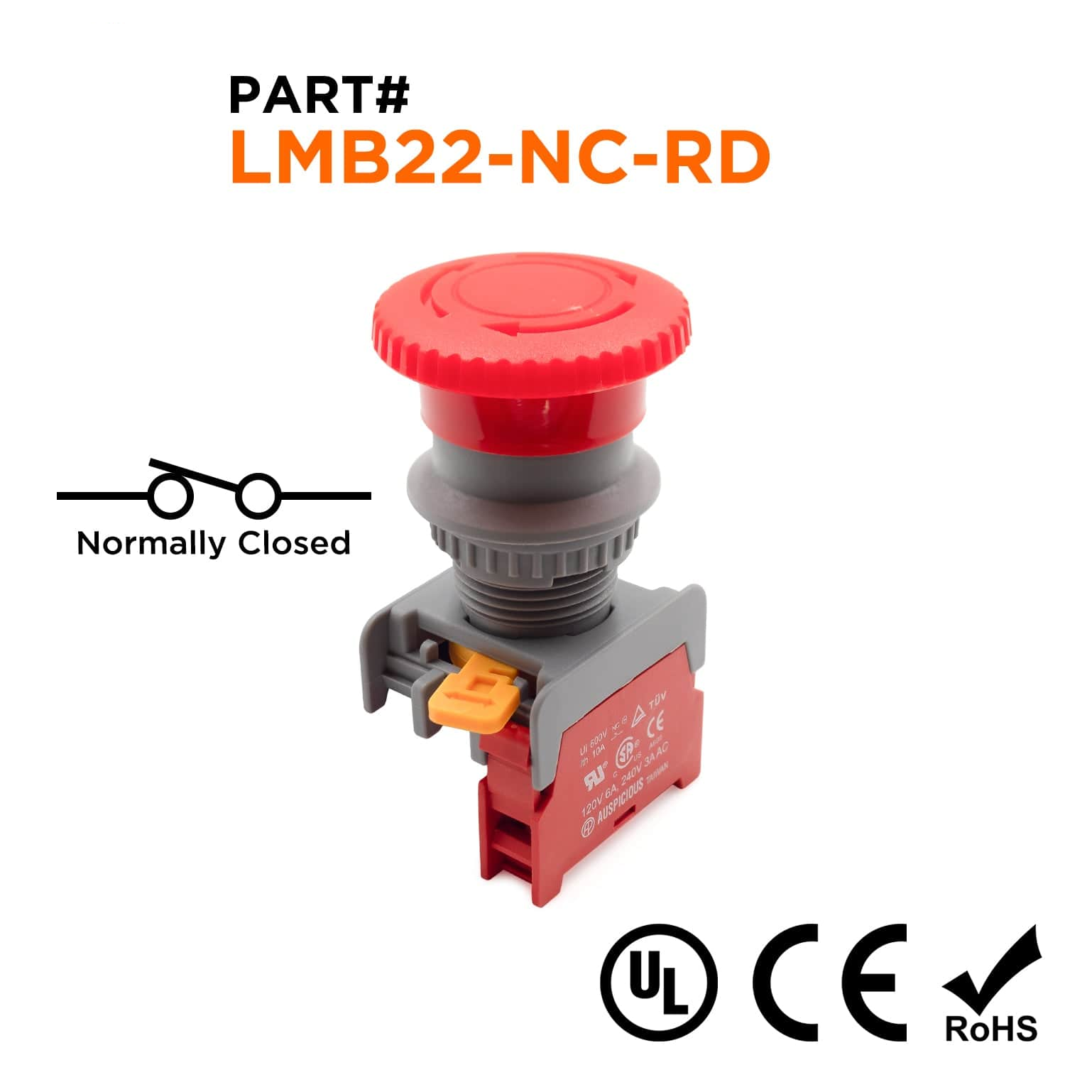22mm Rotary Switch Push Button, NC Contact, 110-240v, 1 Piece - LMB22-NC-RD