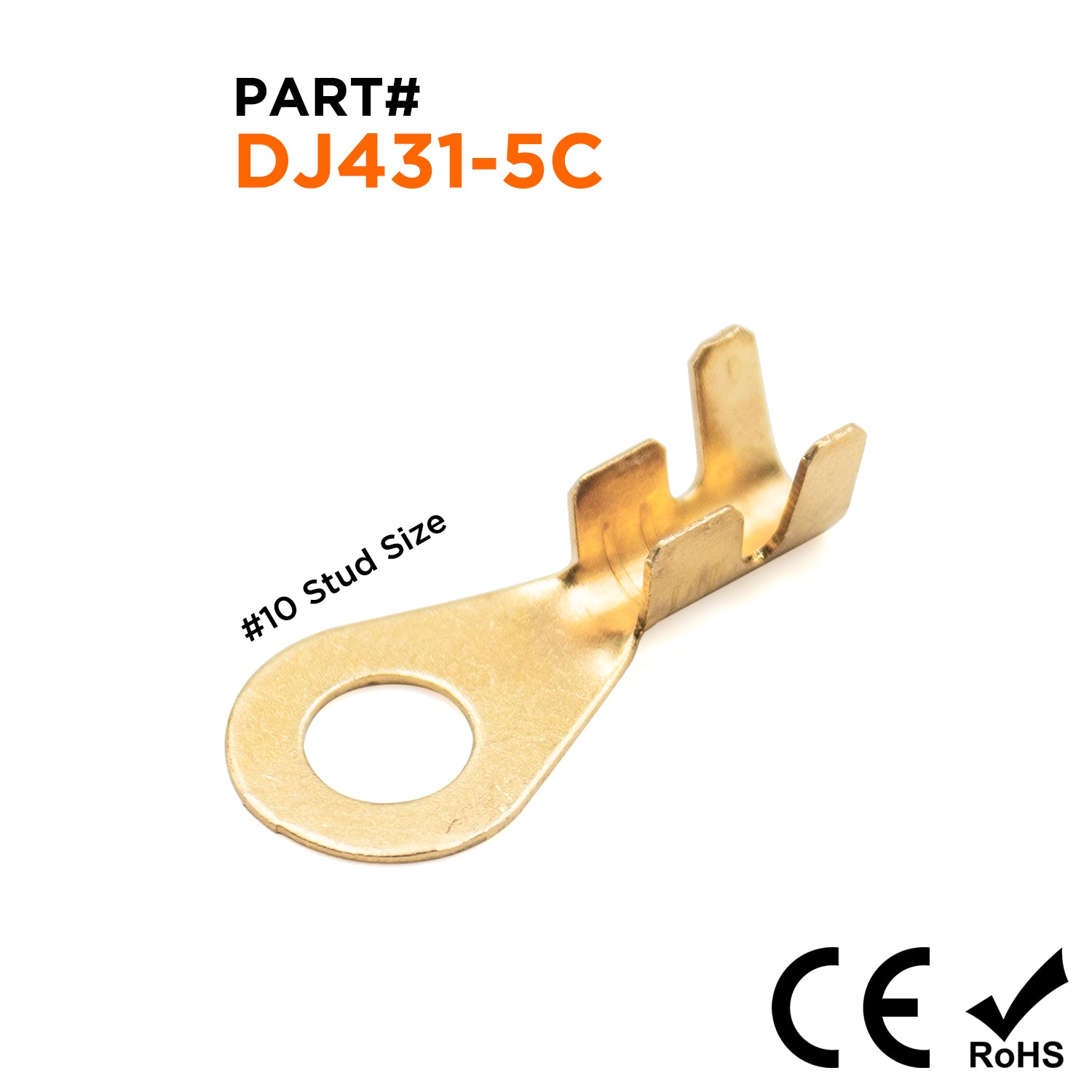 DJ431-5C - 16 to 14 AWG Ring Terminals, #10 Stud, Brass, Open Barrel, 100 Pieces