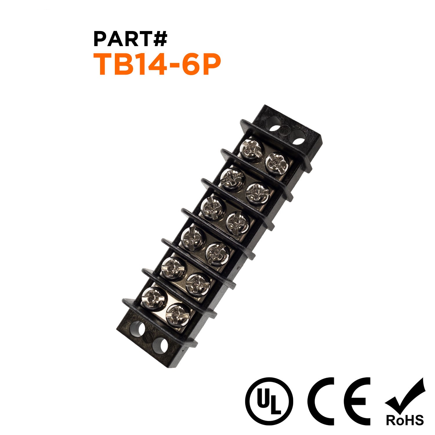 TB14-6P - Barrier Strip Terminal Block, Terminal Strip, 6 Pole, Double Row, 15A, 300V, UL Approved, 1 pieza