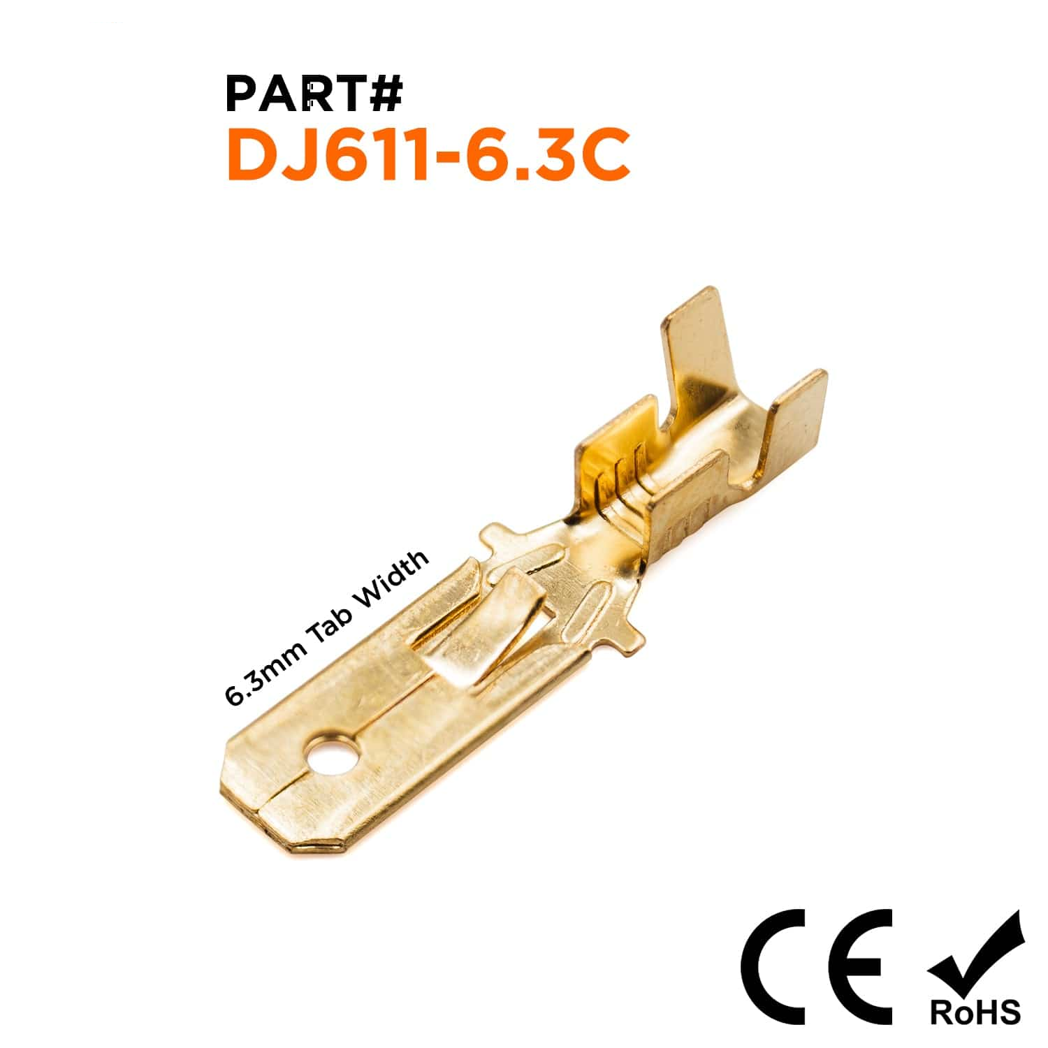 DJ611-6.3C - 16 to 14 AWG Quick Disconnects, Male, Lock Tab, NEMA Tab: 6.3, Brass, Open Barrel, 100 Pieces