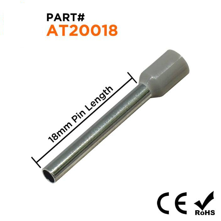 AT20018 - 14 AWG (Small Diameter) Insulated Punteras, 18mm Pin, Gris, 500 piezas