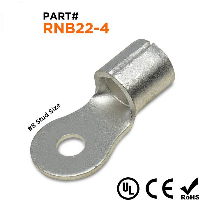 RNB22-4 - 4 AWG Non Insulated Ring Terminals, #8 Stud, UL Recognized, 25 Pieces