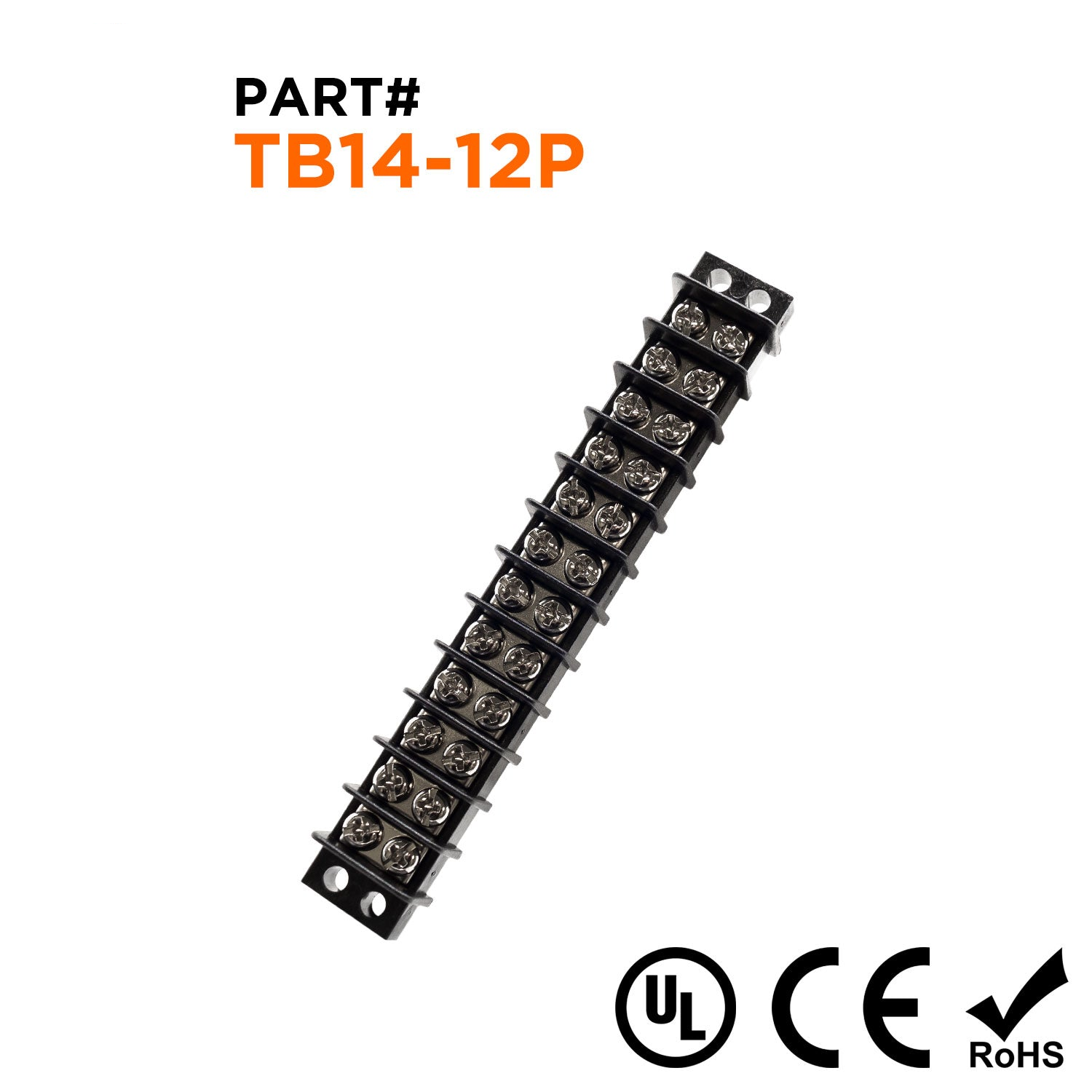 TB14-12P - Barrier Strip Terminal Block, Terminal Strip, 12 Pole, Double Row, 15A, 300V, UL Approved, 1 Piece