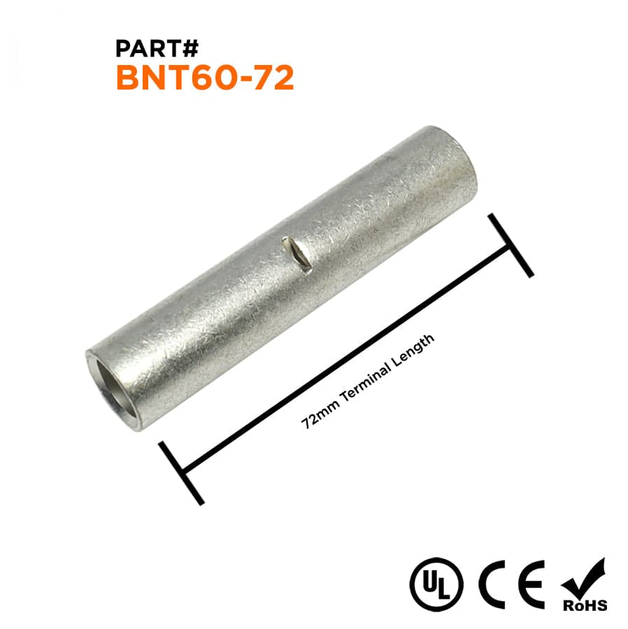 BNT60-72 - 1/0 AWG Non Insulated Butt Splice Connectors, 2 13/16" Length, UL Approved, 10 Pieces