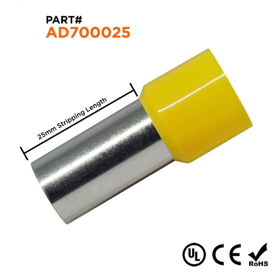 AD700025 - 2/0 AWG Single Insulated Punteras, 25mm Pin, Amarillo, UL Recognized, 25 piezas