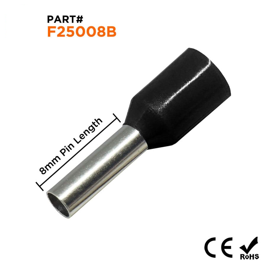 F25008B - 14 AWG Insulated Wire Ferrules, 8mm Pin, Black, 500 Pieces