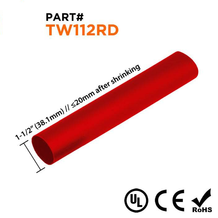 TW112RD - 1-1/2" De pared fina Tubo termorretráctil, 2:1 Relación de contracción, Rojo, Bobina de 164ft