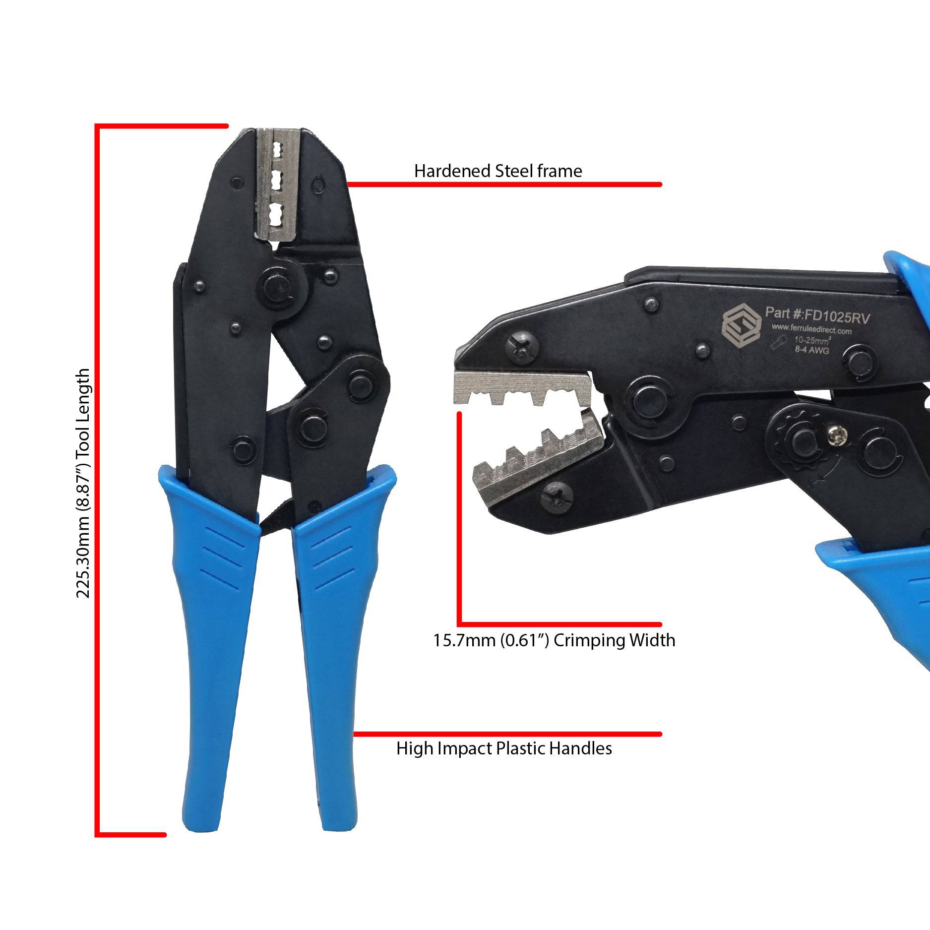 FD1025RV - 8 to 4 AWG Wire Ferrules Crimping Tool, Ratcheting, Bowtie Profile, 1 Piece