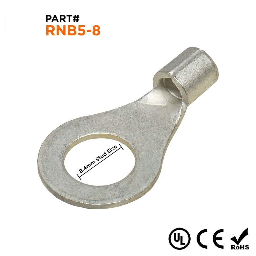 RNB5-8 - 12 to 10 AWG Non Insulated Ring Terminals, 5/16" Stud, UL Recognized, 25 Pieces