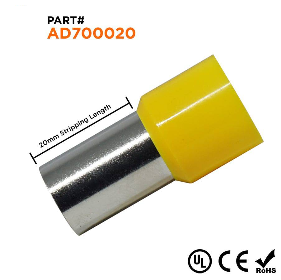 AD700020 - 2/0 AWG Single Insulated Wire Ferrules, 20mm Pin, Yellow, UL Recognized, 25 Pieces